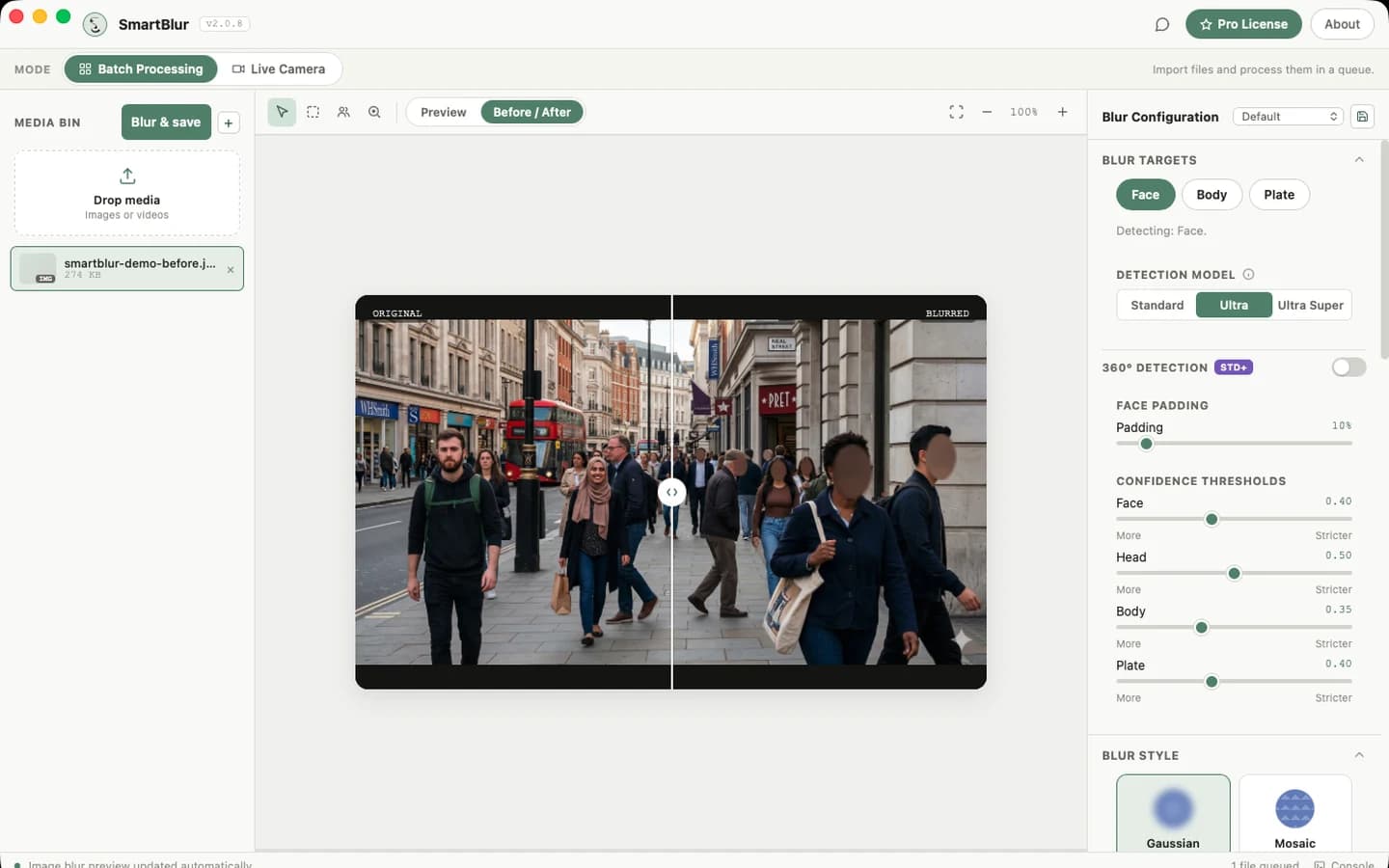 SmartBlur 2 photo preview on macOS with the active model, targets, padding, and confidence settings visible